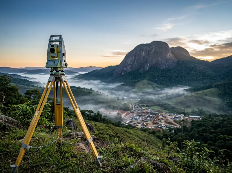 Estação total de topografia sobre tripé, com vale e montanha de granito ao fundo (imagem ilustrativa)