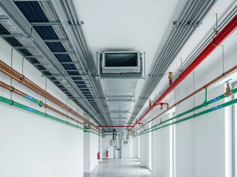 Eletrocalhas, tubulações hidráulicas, linha de sprinkler e dutos de climatização alinhados no teto (imagem ilustrativa)
